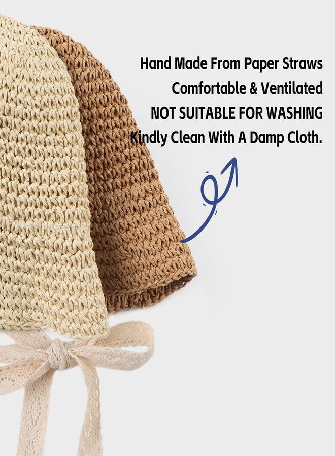 JANGANNSA Baby Girl Straw Hat Outdoor Baby Sun Protection Hats Summer Bowknot Beach Cap for Infant Toddler Girls(Lace Tie-Khaki,6-24 Months) - Image 3